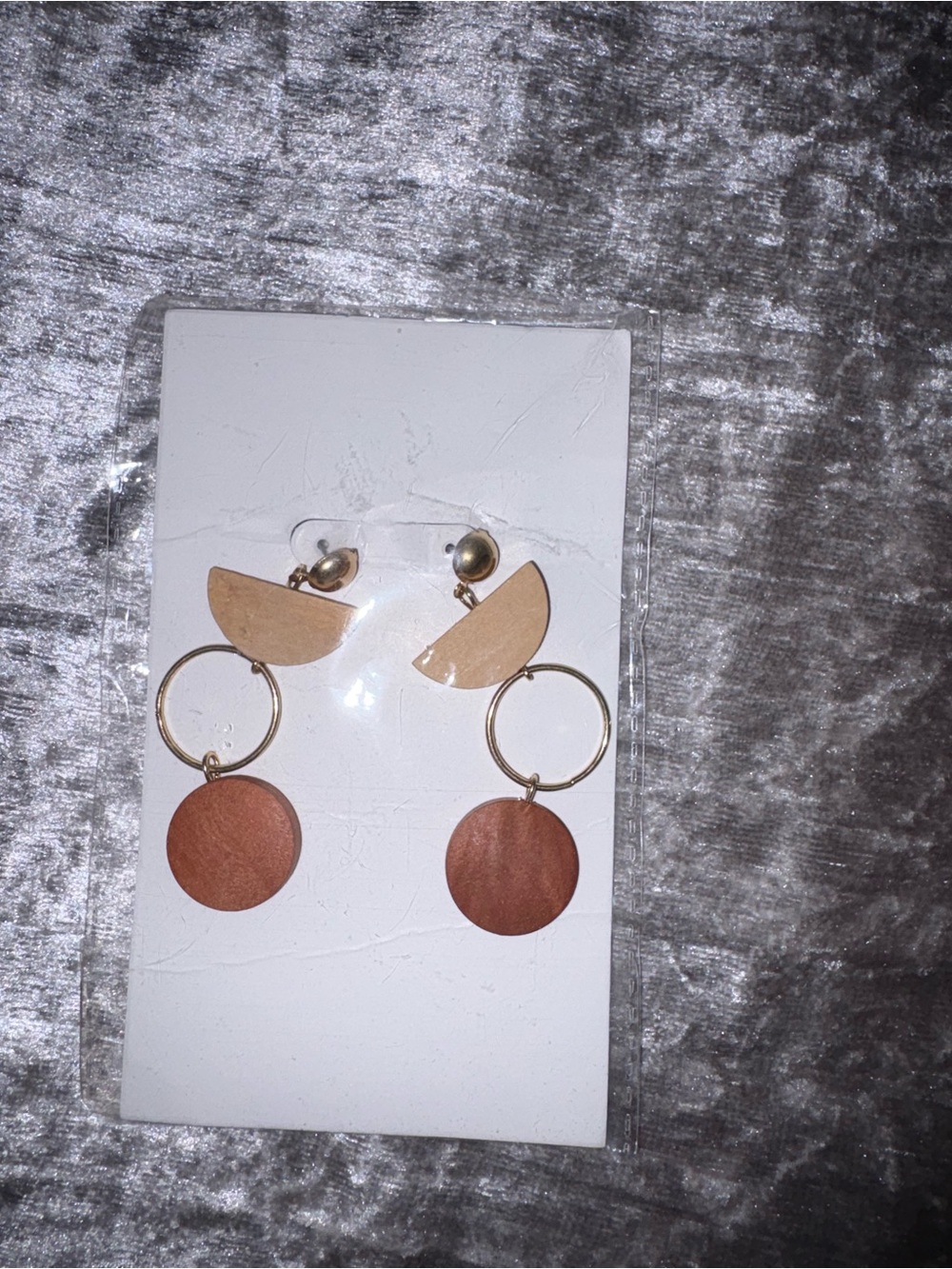 Gold-Tone Earrings with Tan and Brown Wooden Discs